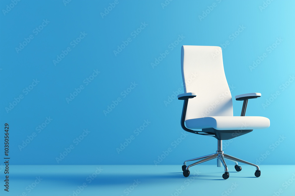 White ergonomic office chair on wheels against blue background White ergonomic office chair on wheels against blue background