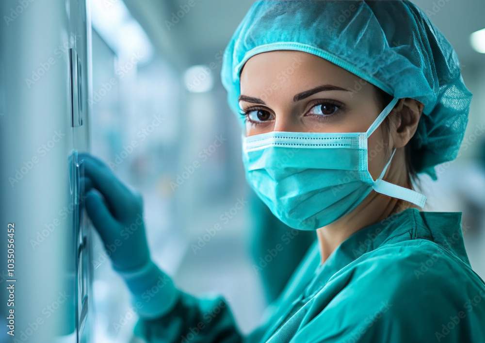 diverse female intern, nurse or doctor in green blue coat and mask is preparing for surgery in the operating room diverse female intern, nurse or doctor in green blue coat and mask is preparing for surgery in the operating room