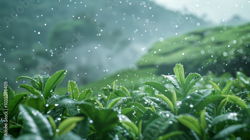 Serene tea landscape. Nature's harmony in sunlight and mist photo