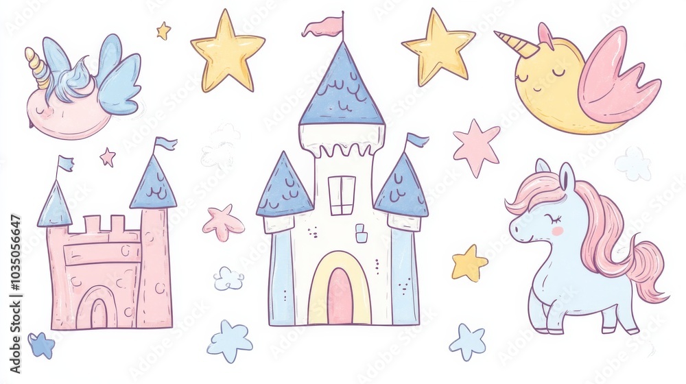Whimsical Unicorn Castle Fantasy Illustration Whimsical Unicorn Castle Fantasy Illustration