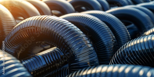 The thick dark tube is coiled together under the warm sunlight. photo