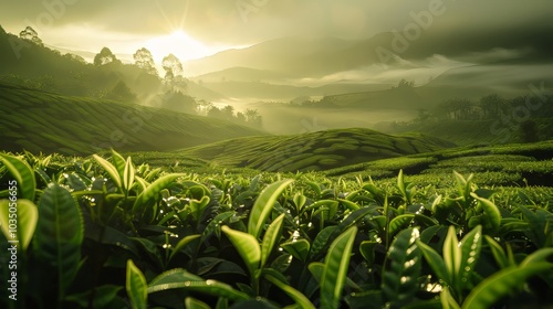 Serene tea landscape. Nature's harmony in sunlight and mist photo