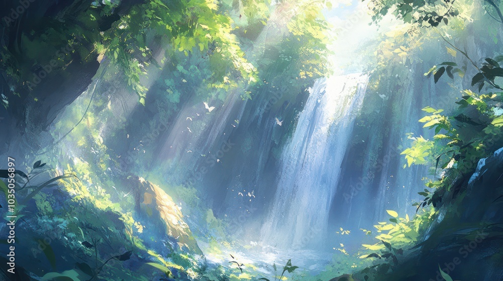 Sunlit Waterfall Cascading Through Lush Green Foliage Sunlit Waterfall Cascading Through Lush Green Foliage