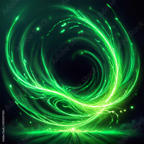 A vibrant green light energy vortex swirls in a dark background, creating a dynamic and abstract pattern with a bright, white center.