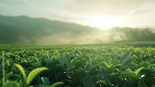 Serene tea landscape. Nature's harmony in sunlight and mist photo