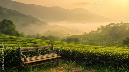 Serene tea landscape. Nature's harmony in sunlight and mist photo