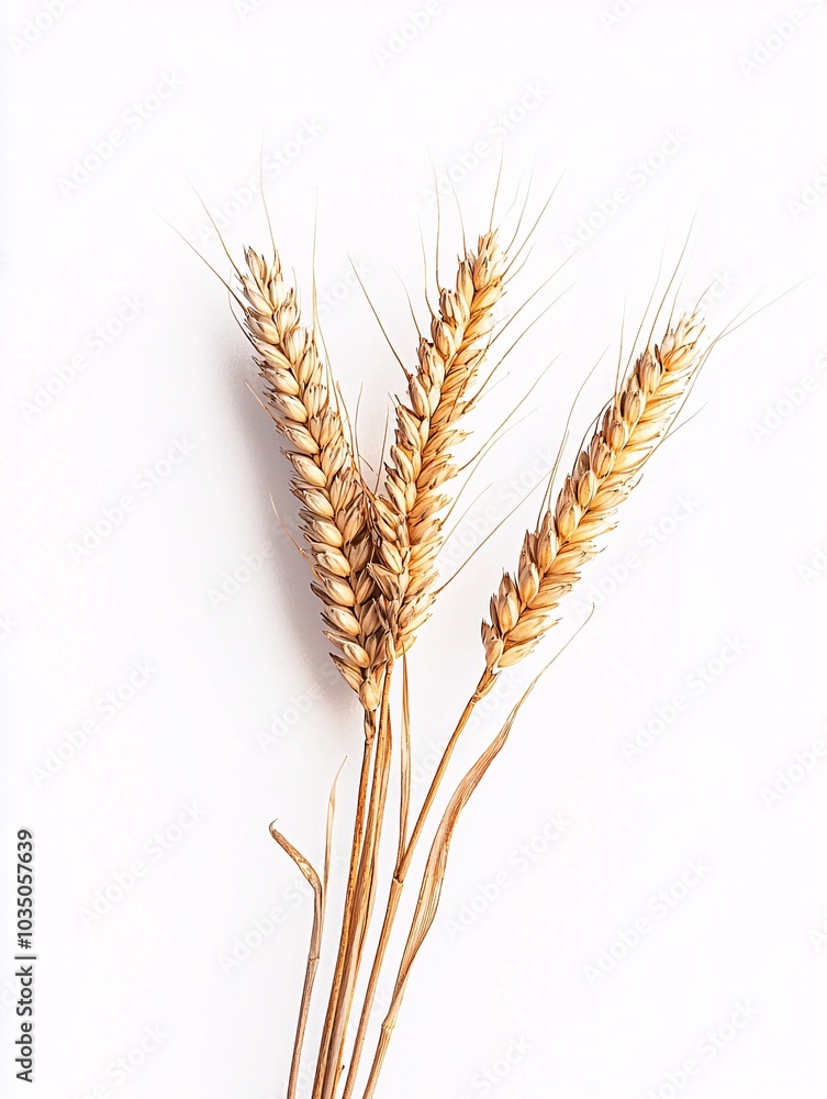 A single golden stalk with delicate grains stands out against a pristine white backdrop, embodying the essence of agriculture and nature. A single golden stalk with delicate grains stands out against a pristine white backdrop, embodying the essence of agriculture and nature.
