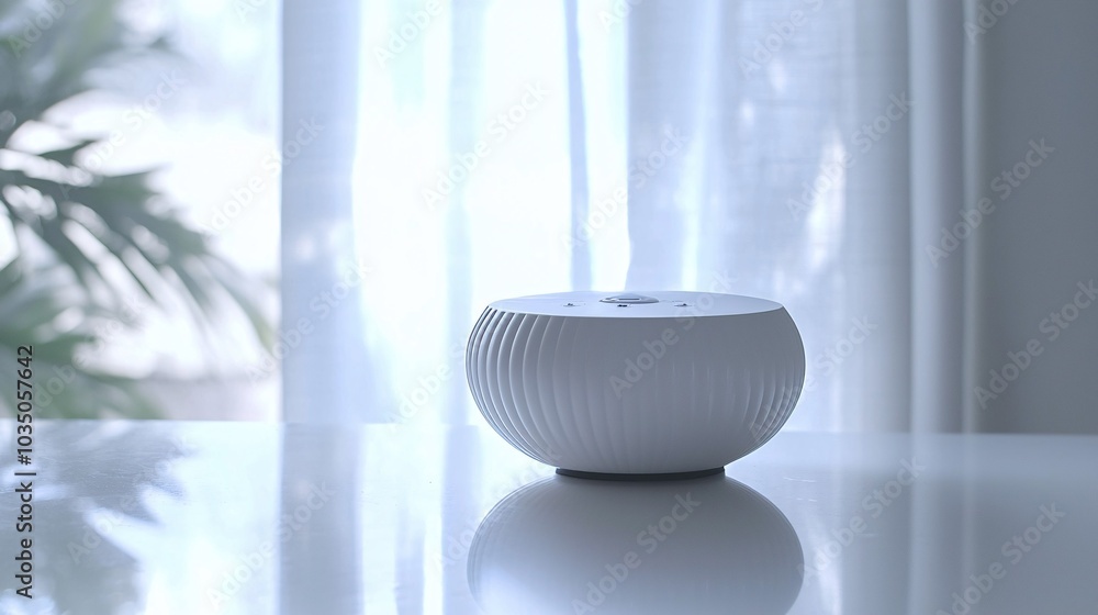 A sleek device gracefully rests on a pristine surface, producing calming sound waves ideal for promoting restful sleep and tranquility. A sleek device gracefully rests on a pristine surface, producing calming sound waves ideal for promoting restful sleep and tranquility.