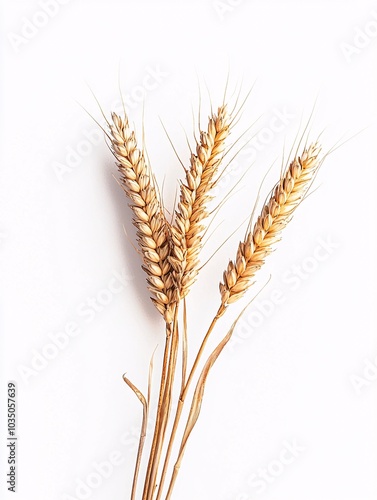 A single golden stalk with delicate grains stands out against a pristine white backdrop, embodying the essence of agriculture and nature.