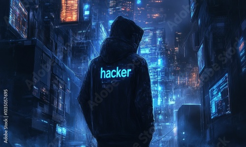 Hooded figure in cyberpunk city, "hacker" label.