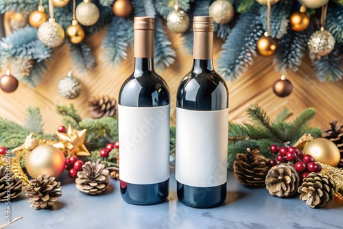 Mockup featuring two wine bottles with blank labels surrounded by Christmas decorations including pinecones, gold and bronze ornaments, and festive lights. Ideal for holiday branding and product displ photo