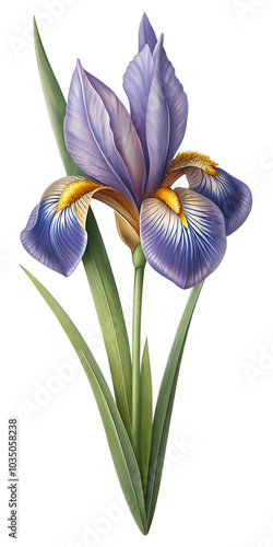 Elegant Iris Illustration with Purple Petals and Lush Green Leaves on White Background