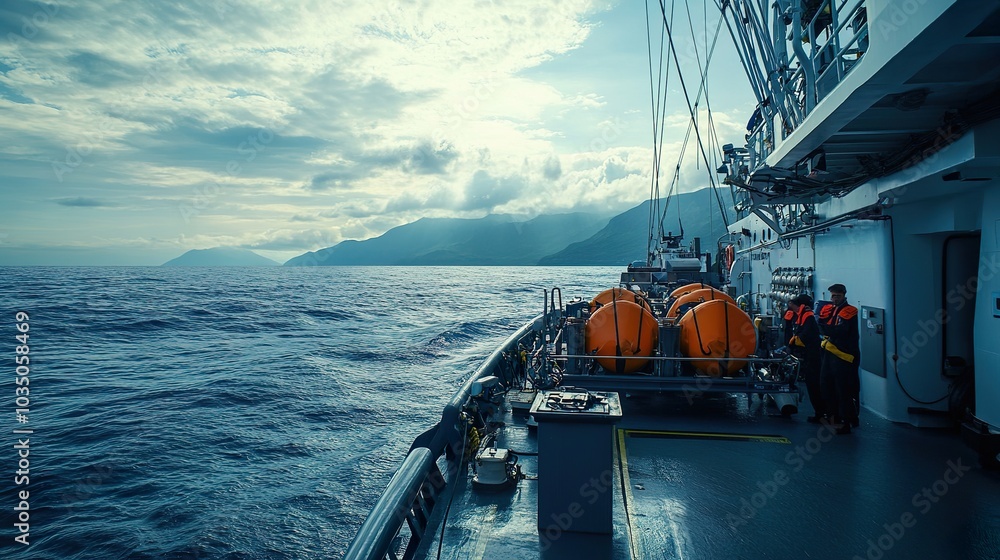A research vessel used for underwater exploration, with scientists preparing to send submersibles into the deep sea A research vessel used for underwater exploration, with scientists preparing to send submersibles into the deep sea