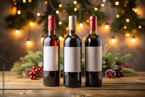 Wine bottles mockup with blank labels, arranged in front of festive Christmas lights and greenery with red berries. Great for showcasing holiday wine branding or promotional designs.