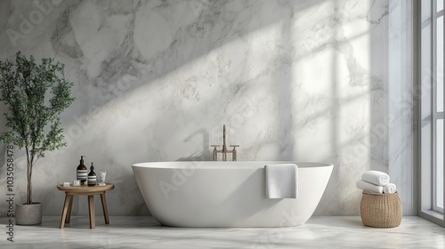 Bathroom interior with marble panels bathtub towels and accessories contemporary style design photo