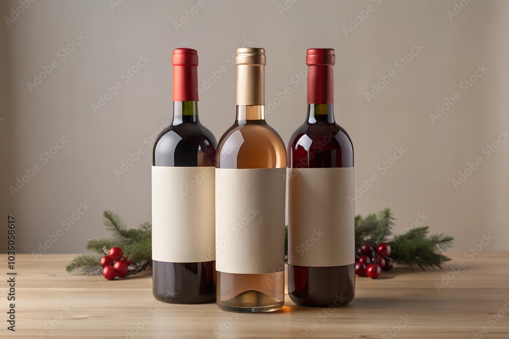 Obraz premium Three wine bottles with blank labels placed on a wooden surface, adorned with minimal holiday decor featuring pine branches and red berries. Ideal for branding, holiday wine promotions, and product sh