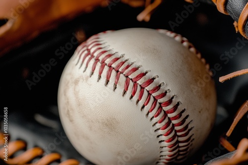 A close-up of a worn baseball nestled in a leather glove resting on a dark surface, showcasing the sport's rich history and texture photo