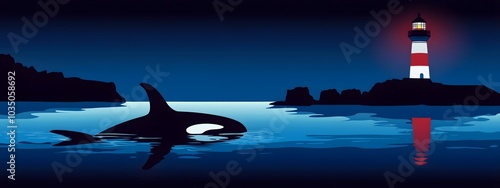 A simple, flat cartoon vector illustration depicting the silhouette of an orca under the beam of a lighthouse