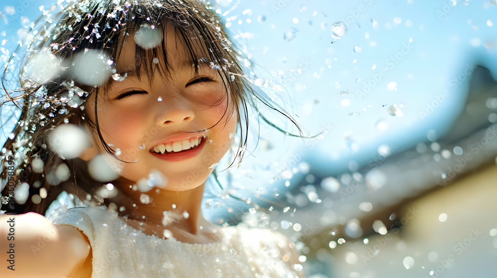 A Girl's Joyful Splash in Water Drops, Bright Smile and Happy Day, Child's Delight in Summer Fun A Girl's Joyful Splash in Water Drops, Bright Smile and Happy Day, Child's Delight in Summer Fun