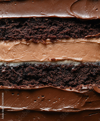 an extreme close-up, a sliced triple chocolate cake, filling the entire frame with its intricate layers