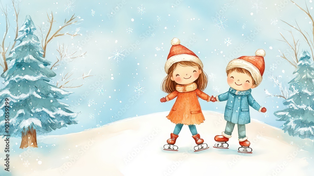 Two children are skating on ice. Ideal for Christmas cards with images of snow-covered trees and smoothly floating snowflakes Two children are skating on ice. Ideal for Christmas cards with images of snow-covered trees and smoothly floating snowflakes