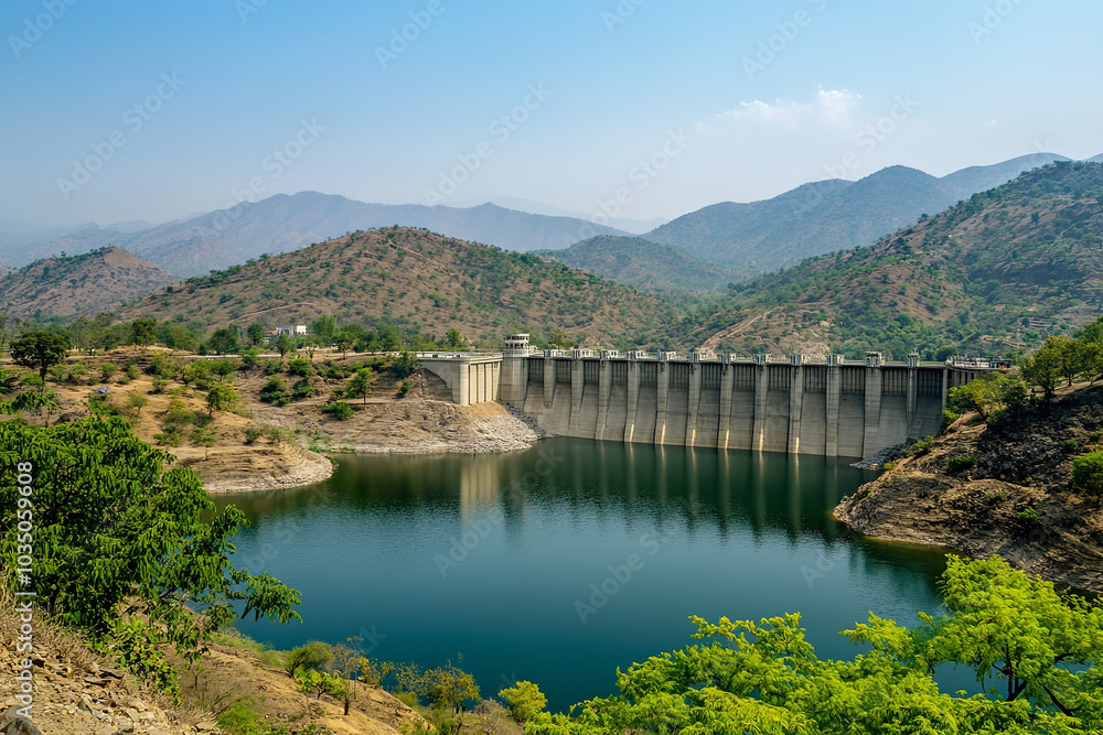 Fototapeta premium Robust Earth Dam Sustaining Large Lake and Supporting Biodiversity