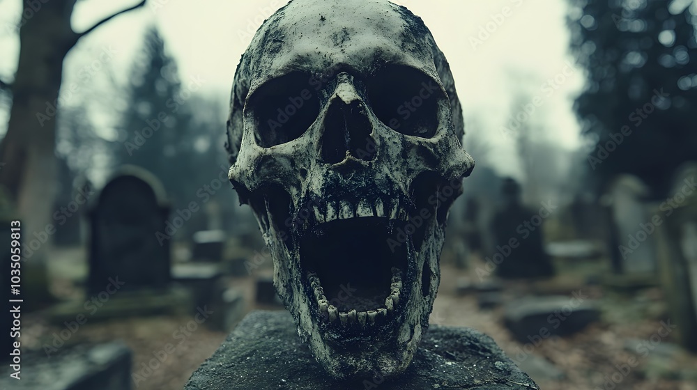 Eerie Skull in Foggy Graveyard Setting Eerie Skull in Foggy Graveyard Setting