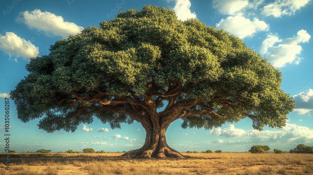 A large tree stands in a field with a clear blue sky above it