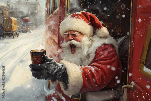 Santa caught midyawn in the middle of delivering presents, rubbing his eyes as he steps out of his sleigh, coffee in hand photo