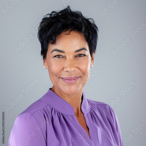 Confident mature African businesswoman smiling in a purple blouse, showcasing leadership and empowerment in a professional portrait photo