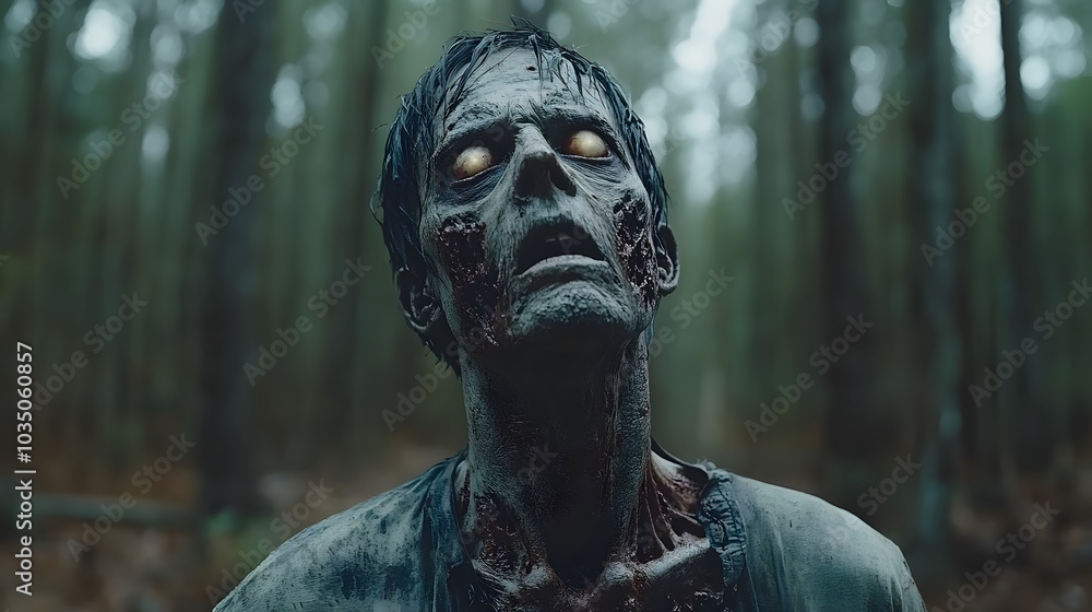 Creepy Zombie in Foggy Forest Environment Creepy Zombie in Foggy Forest Environment
