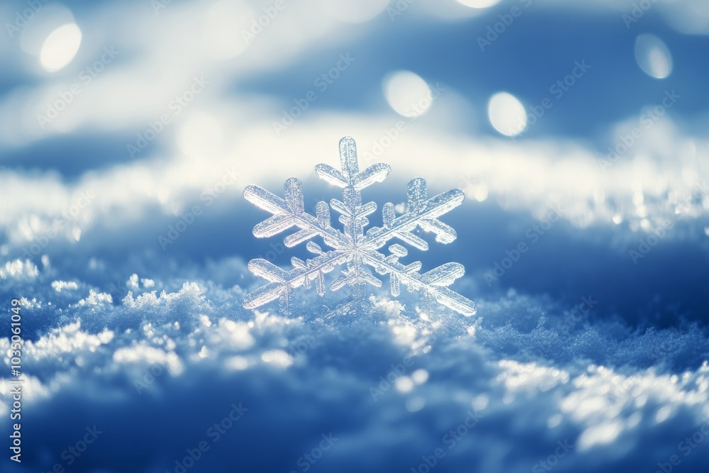 Single snowflake resting on soft, white snow under bright winter sunlight with a gentle blue background. With copy space for text. Single snowflake resting on soft, white snow under bright winter sunlight with a gentle blue background. With copy space for text.
