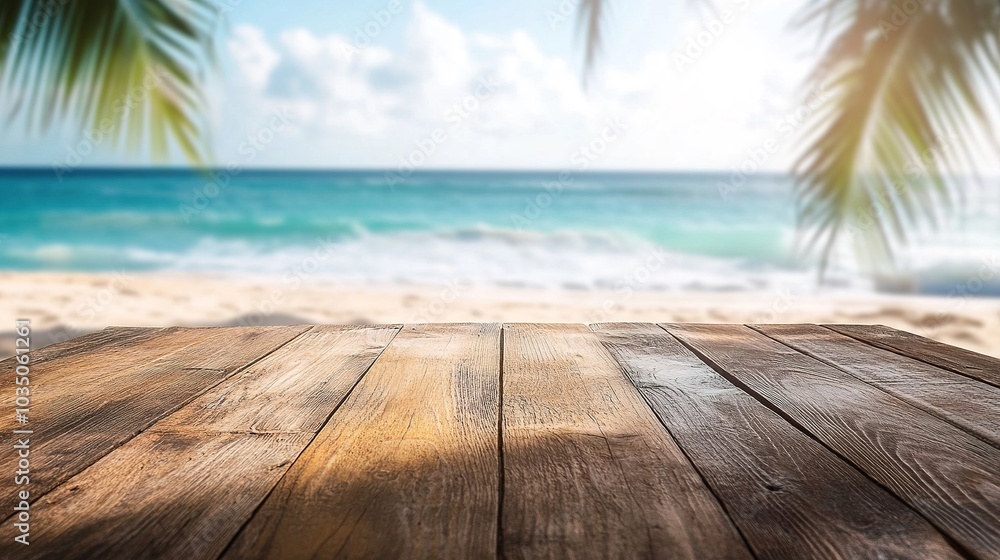 Fototapeta premium Serene Beach View with Wooden Table Foreground