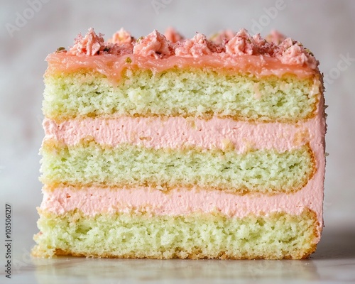 an extreme close-up, parallel horizontal front view, surface of a sliced pistachio rose cake, filling the entire frame with its intricate layers