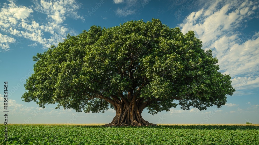 A large tree stands in a field with a clear blue sky above it A large tree stands in a field with a clear blue sky above it