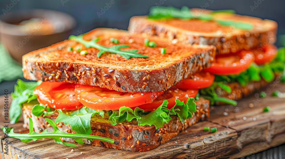 Delicious sandwiches with tomatoes and arugula resting on a wooden cutting board Delicious sandwiches with tomatoes and arugula resting on a wooden cutting board