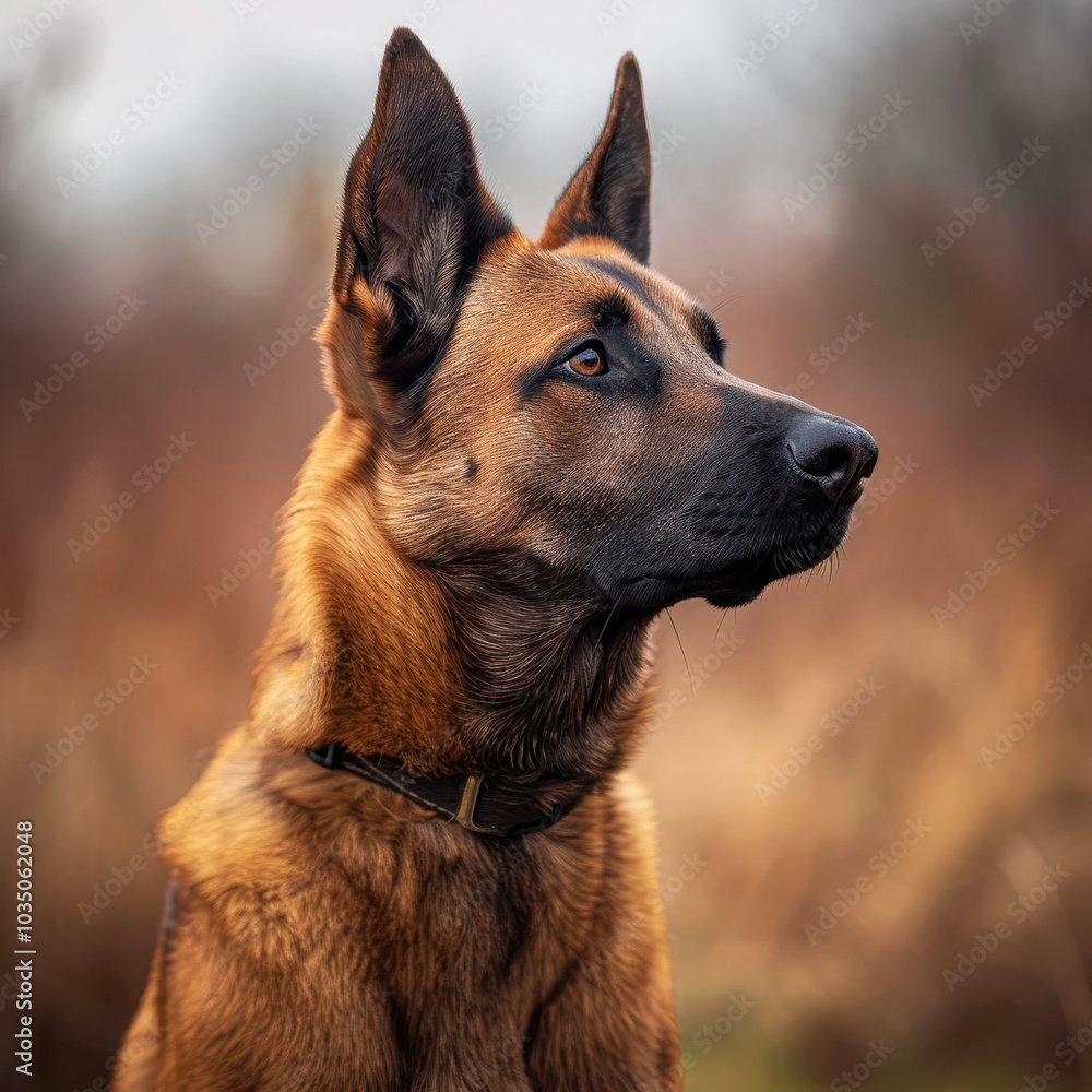 Portrait of a Belgian Malinois dog in a natural setting, showcasing its alert expression and striking features with a blurred background to emphasize focus on the dog's profile. Portrait of a Belgian Malinois dog in a natural setting, showcasing its alert expression and striking features with a blurred background to emphasize focus on the dog's profile.