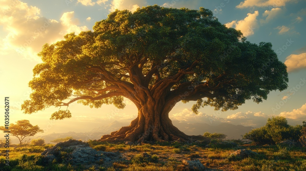 A large tree stands in a field with a beautiful sunset in the background A large tree stands in a field with a beautiful sunset in the background