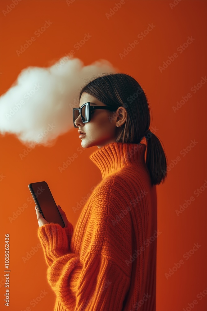 Fashionable female model with a cloud of vapor against a bright orange background. Fashionable female model with a cloud of vapor against a bright orange background.