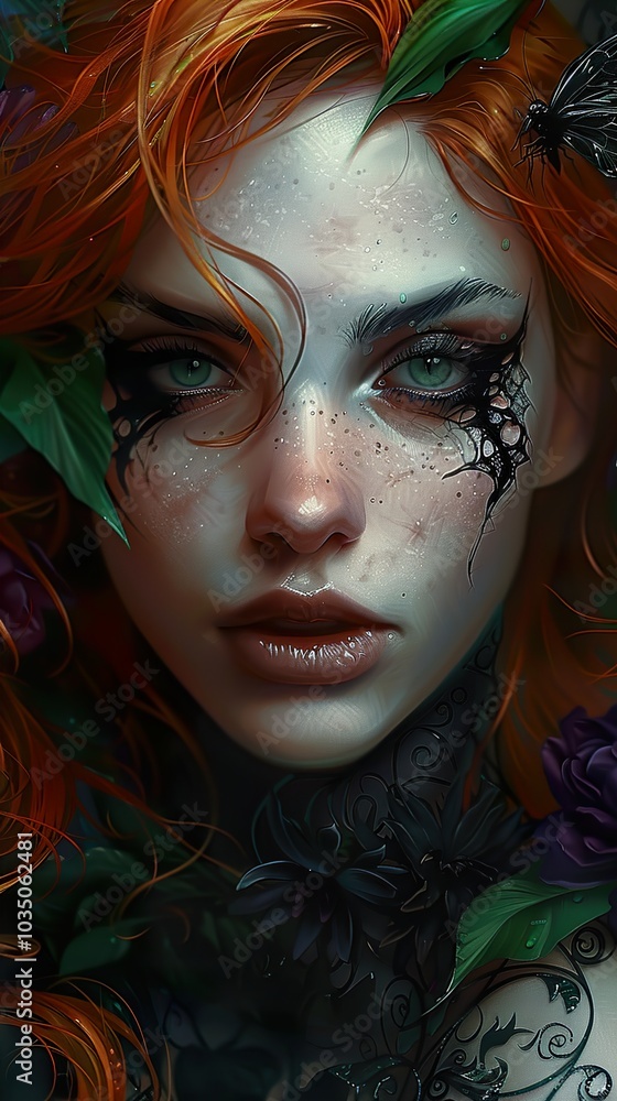 Mysterious Woman with Floral Tattoo and Red Hair Mysterious Woman with Floral Tattoo and Red Hair