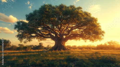 A large tree stands in a field with a beautiful sunset in the background