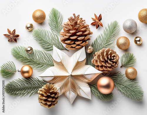 decoration Christmas ball and pine cone with pines branch and staron white background  photo