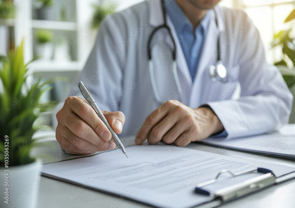 doctor working at desk in clinics office,writing a document doctor working at desk in clinics office,writing a document