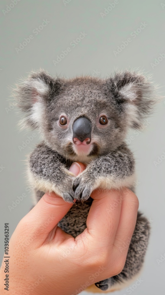 Fototapeta premium Cute Koala sits on the tip of a woman's finger