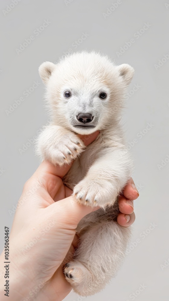 Cute Polar Bear sits on the tip of a woman's finger Cute Polar Bear sits on the tip of a woman's finger