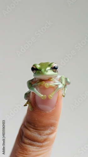 Cute  Frog sits on the tip of a woman's finger photo