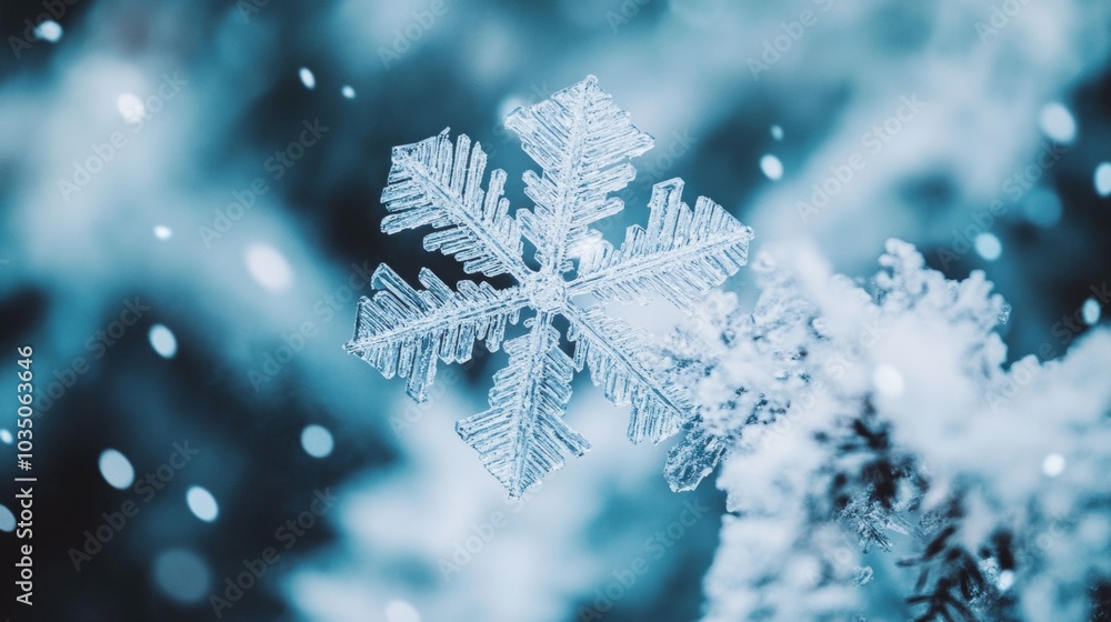 Delicate snowflake resting on a snowy surface during a tranquil winter day in a serene forest landscape Delicate snowflake resting on a snowy surface during a tranquil winter day in a serene forest landscape