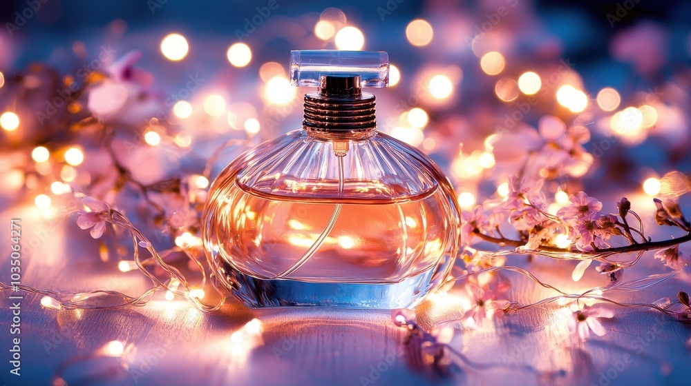 Elegant perfume bottle with soft lighting and flowers Elegant perfume bottle with soft lighting and flowers