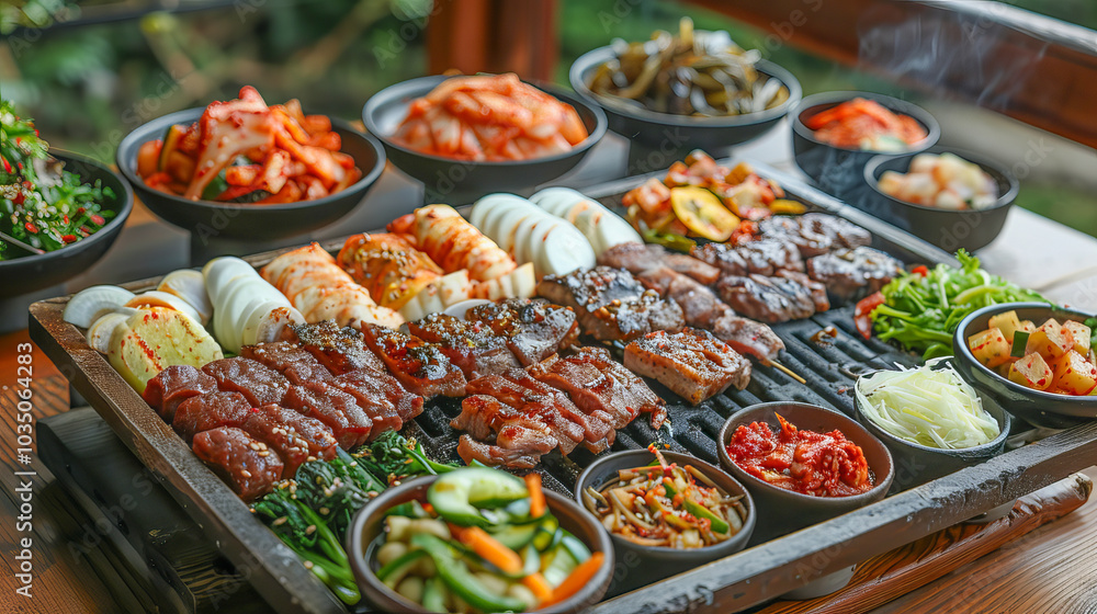 Korean barbecue grilling on a hot grill with side dishes Korean barbecue grilling on a hot grill with side dishes