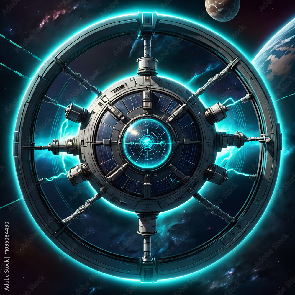 A futuristic space station with a glowing blue ring, numerous ...